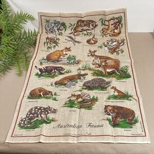 Vintage Australian Fauna Linen Tea Towel Koala Platypus Wombat Kangaroo Gliders